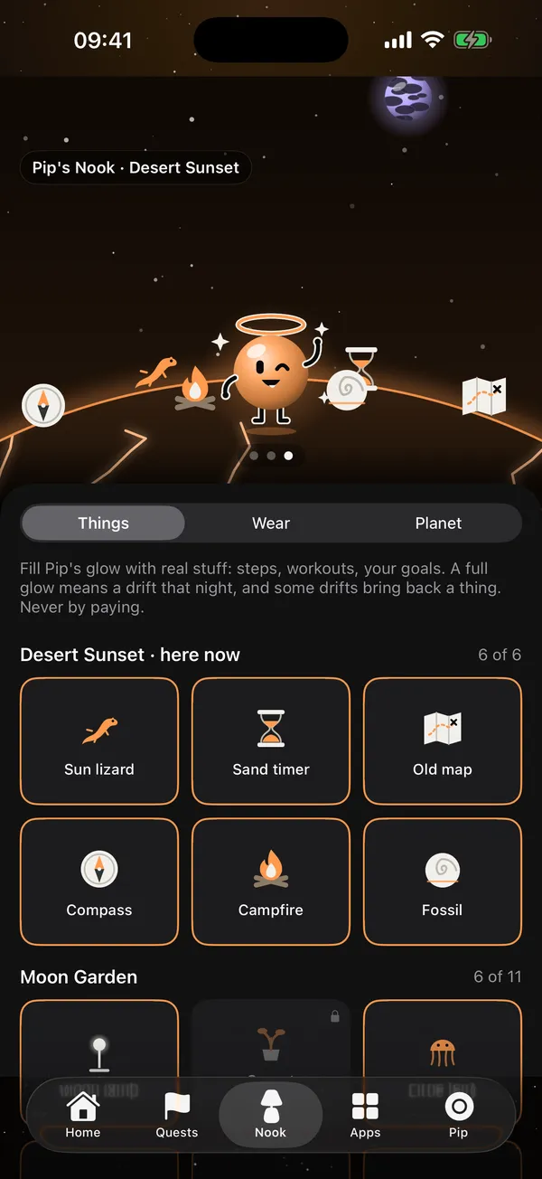 Pip's Nook on Desert Sunset, with things Pip brought back from drifts.