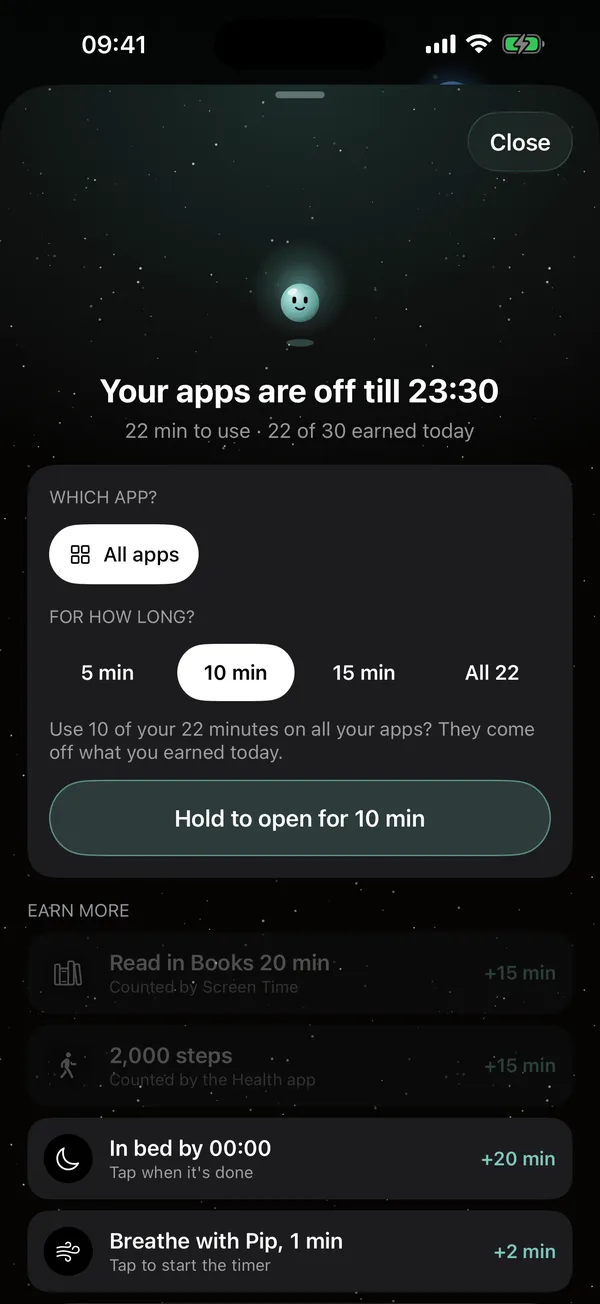 The wall: your apps are off till 23:30, with 22 minutes to use.